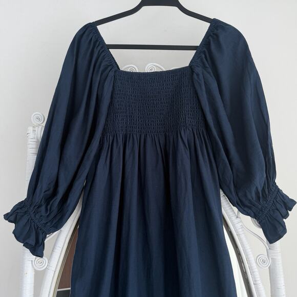 O.P.T. Dress Medium Navy Midi Smocked Puff Balloon Sleeve Cottage Prairie Linen - Picture 3 of 8